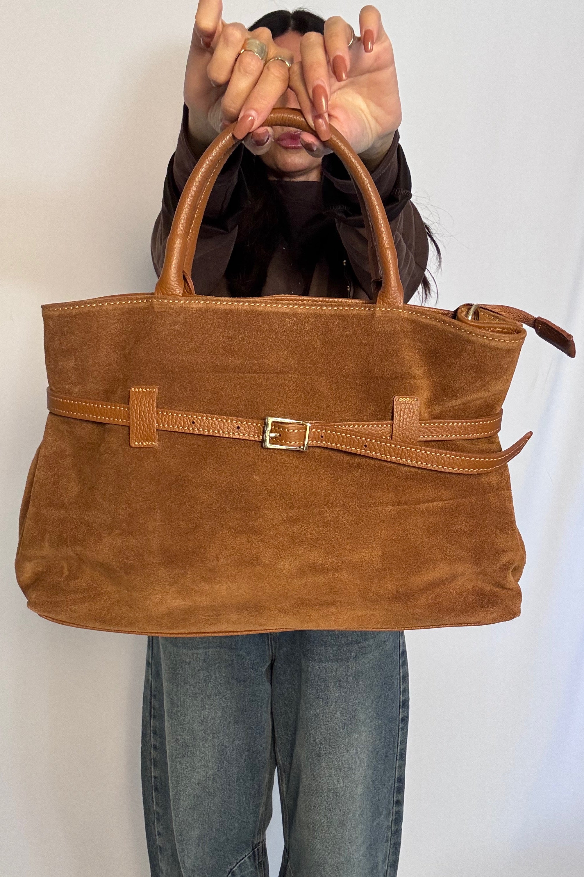 Borsa Pradina in vera pelle scamosciata Made in Italy tabacco