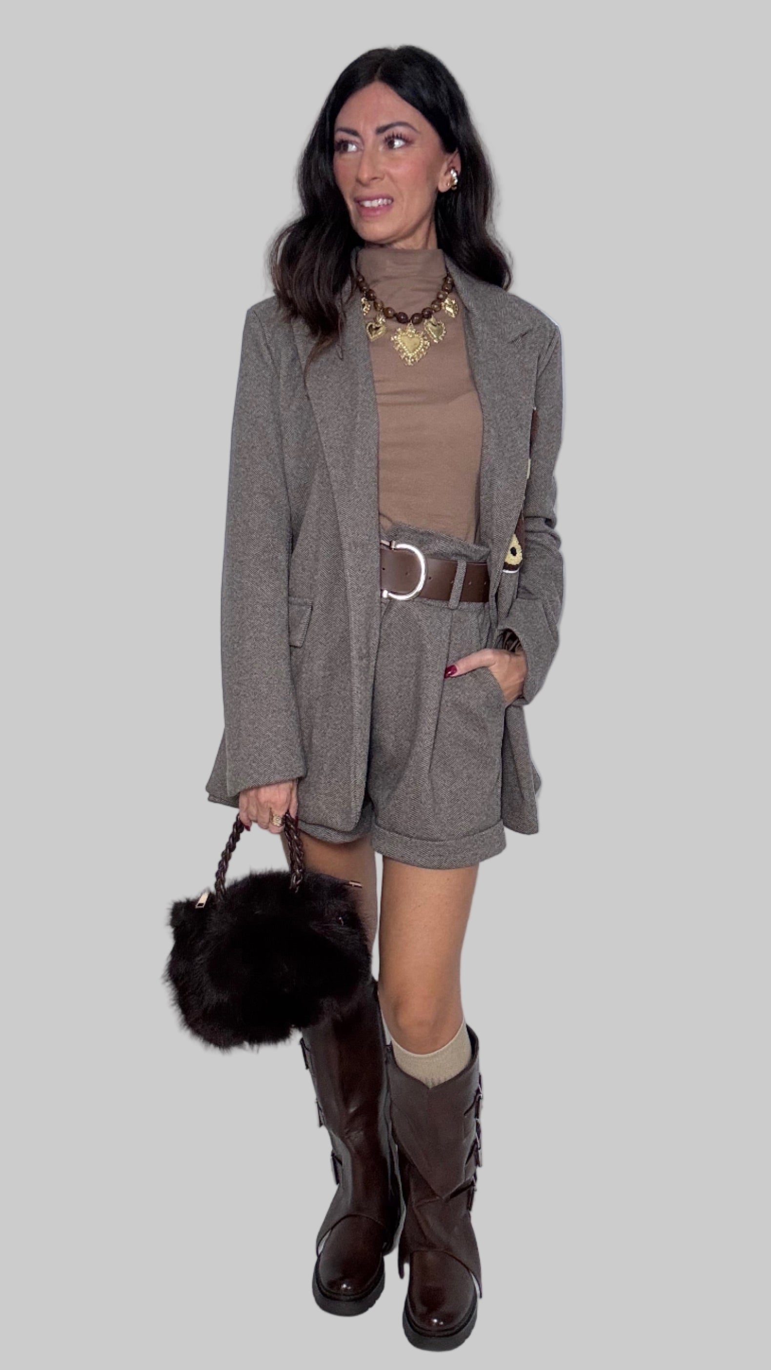 Shorts spigato con cintura fango