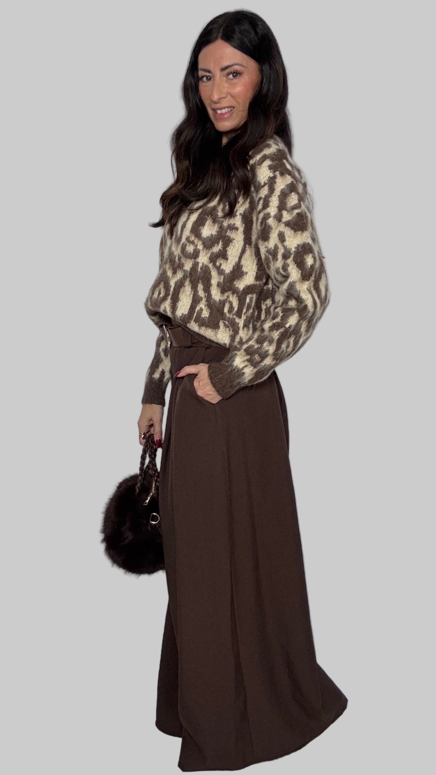 Pull animalier Dusty beige e cioccolato