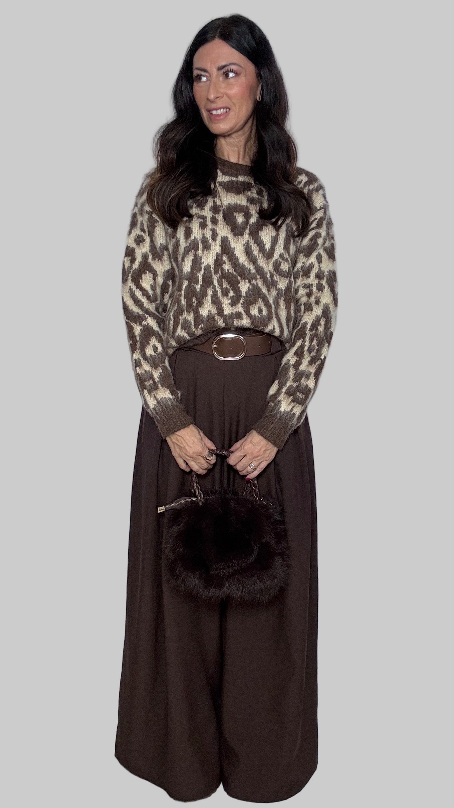 Pull animalier Dusty beige e cioccolato