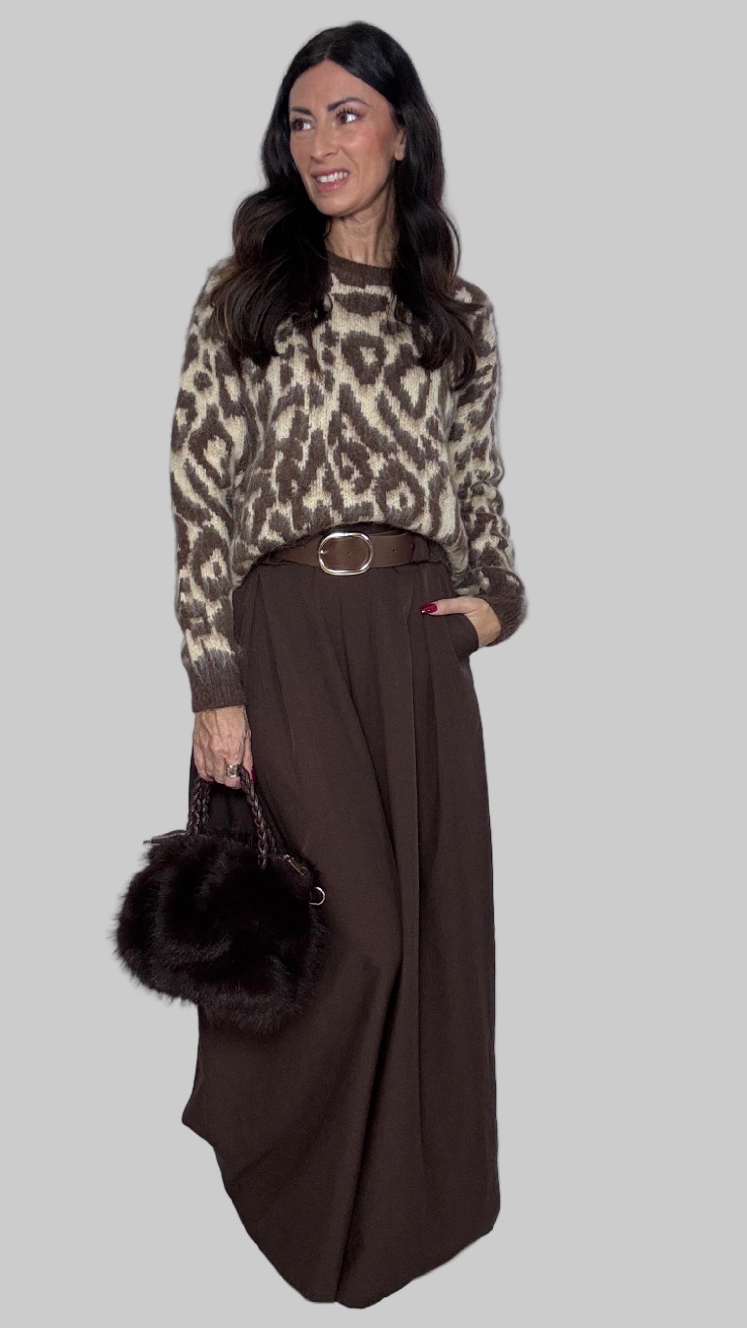 Pull animalier Dusty beige e cioccolato
