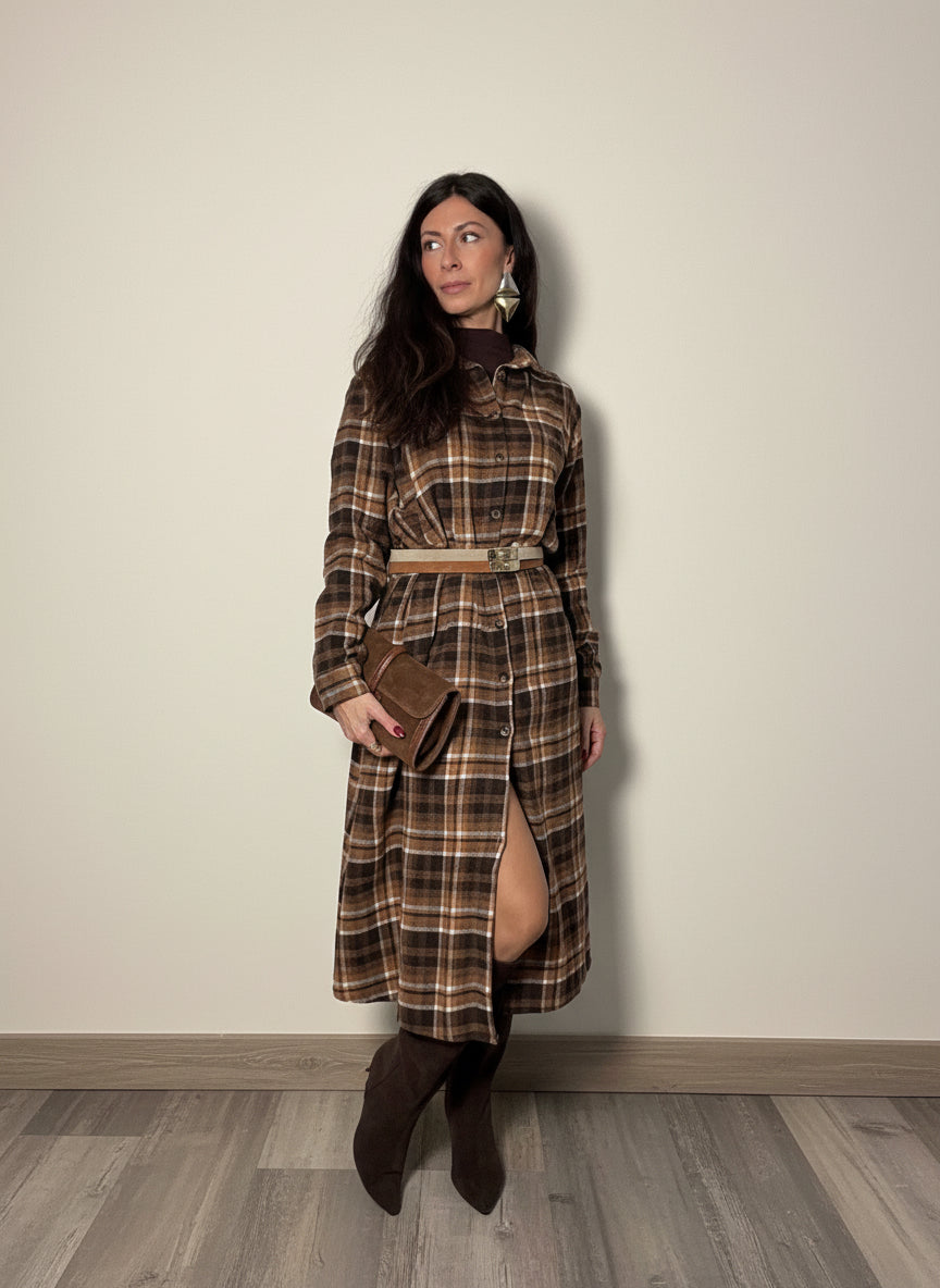 Abito maxi camicia Check tabacco e cioccolato