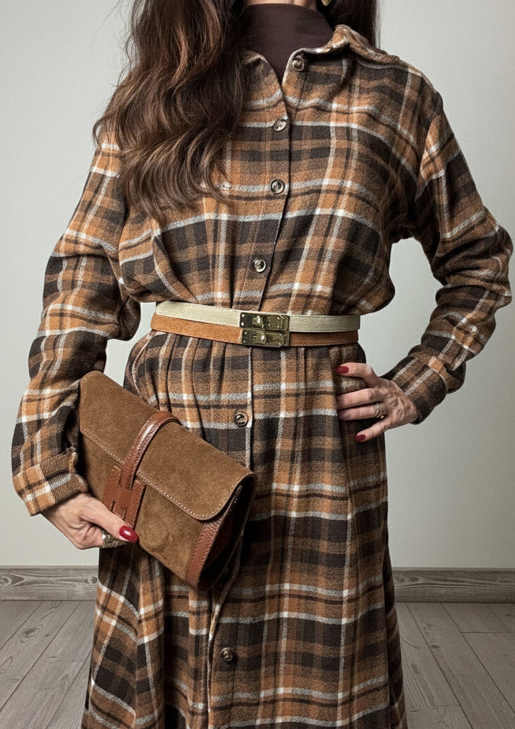 Abito maxi camicia Check tabacco e cioccolato