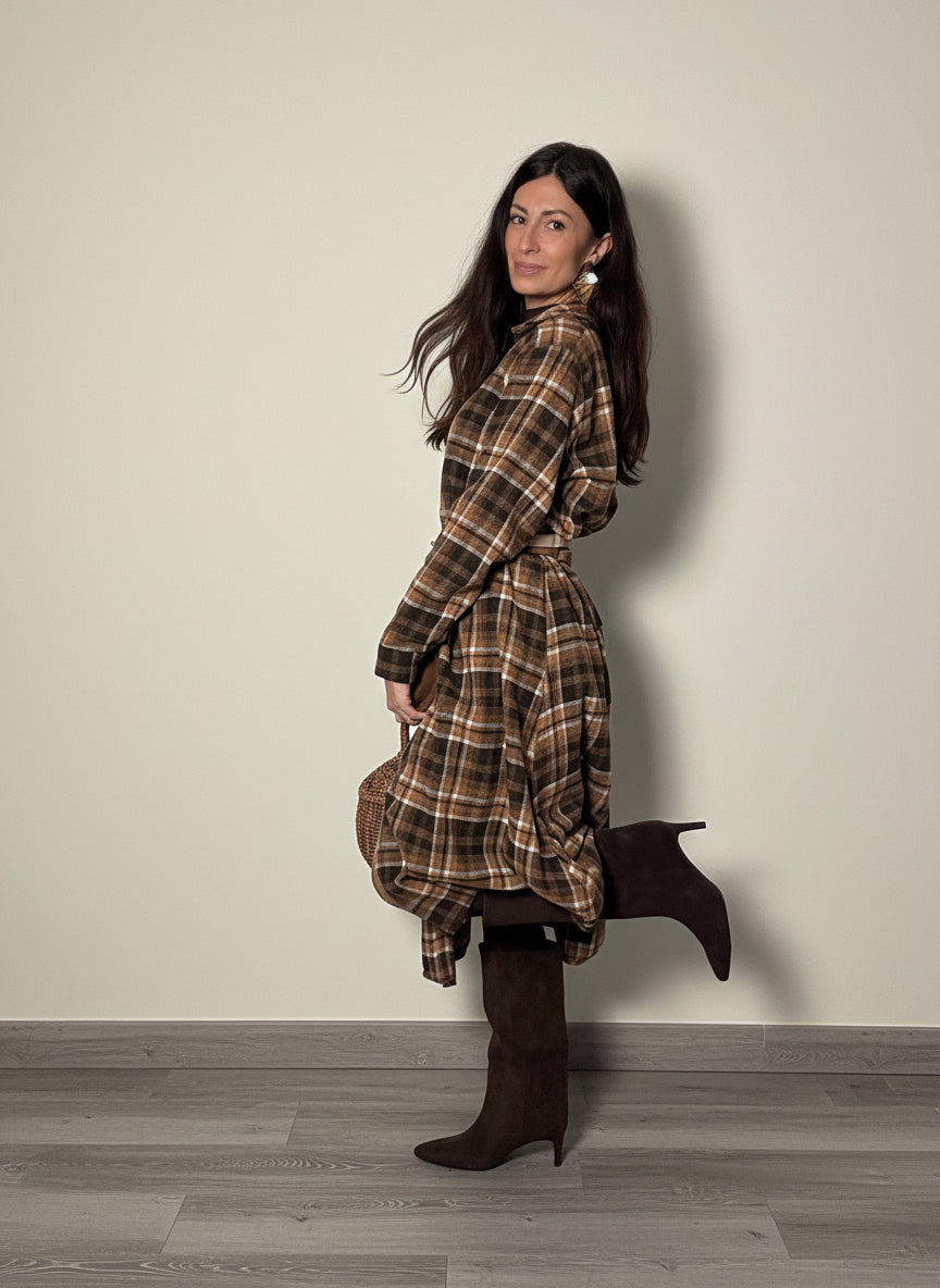 Abito maxi camicia Check tabacco e cioccolato