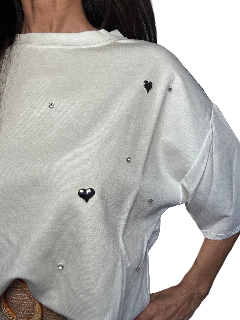 T-shirt maglia cuori e strass bianca