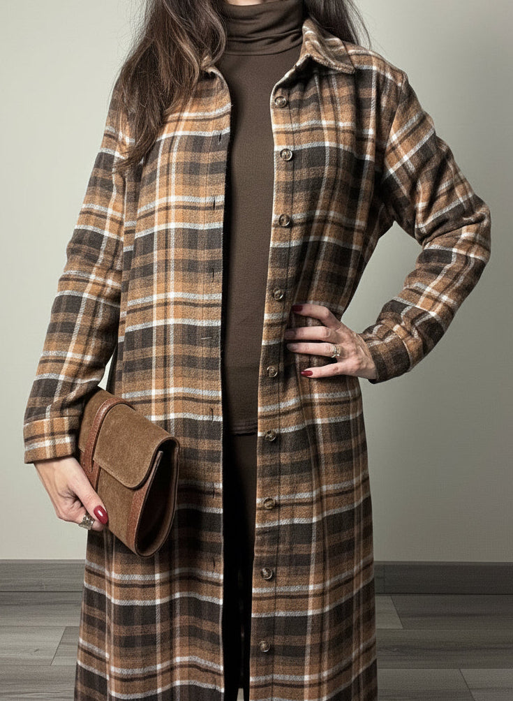 Abito maxi camicia Check tabacco e cioccolato