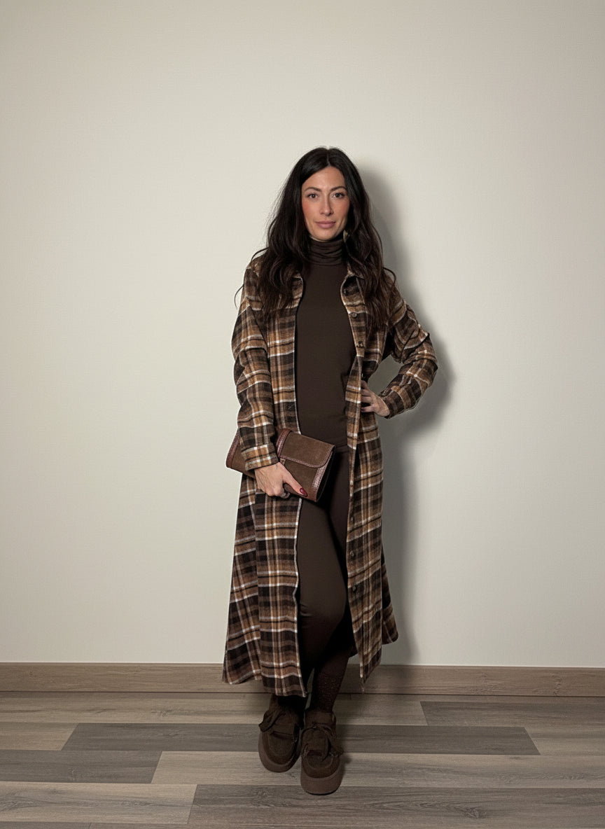 Abito maxi camicia Check tabacco e cioccolato