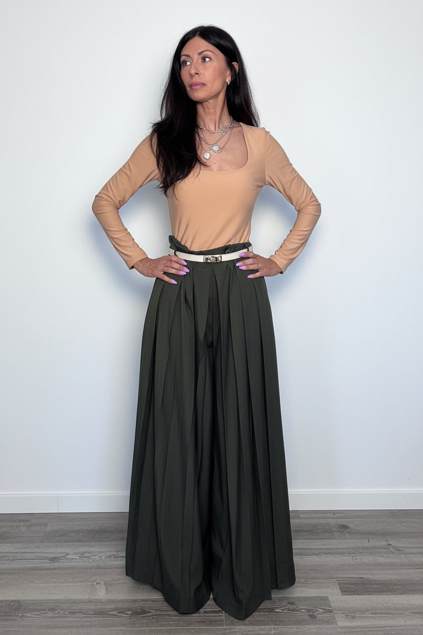 Pantalone Plissè maxi palazzo verde oliva