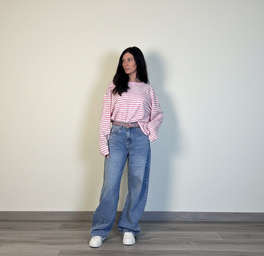 Maglia garzata Bandes rosa e bianco