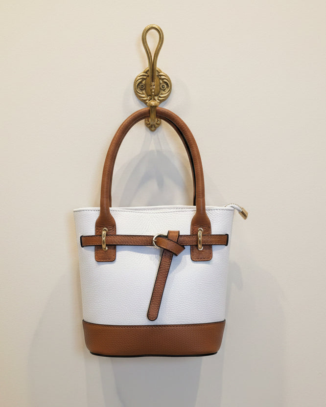 Borsa Positano vera pelle Made in Italy bianca e cuoio