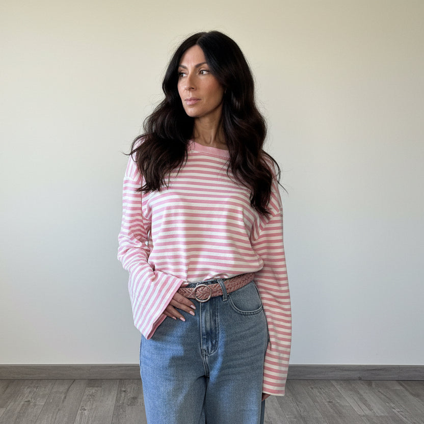 Maglia garzata Bandes rosa e bianco