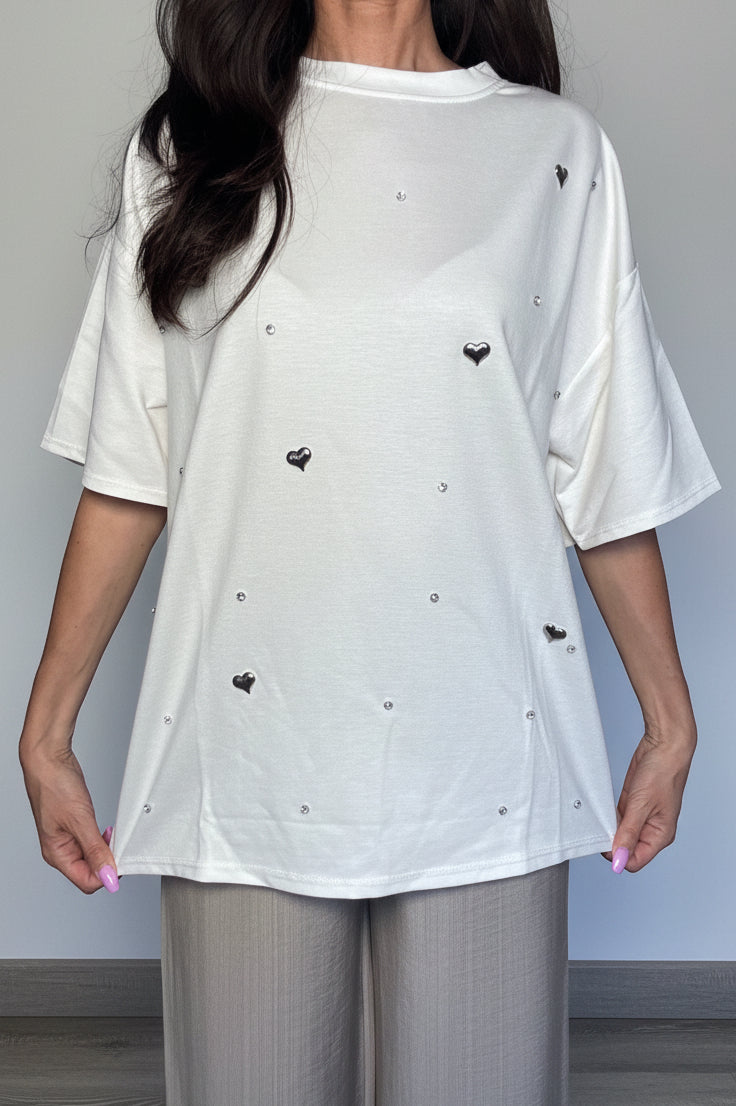 T-shirt maglia cuori e strass bianca