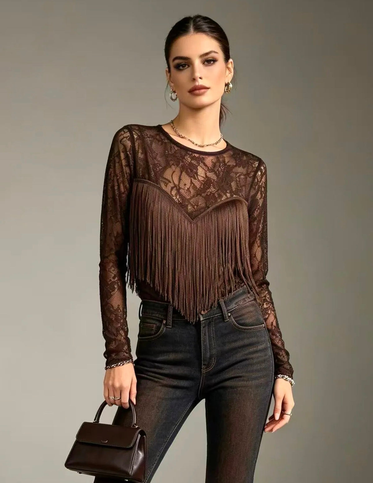 Maglia pizzo frange cioccolato