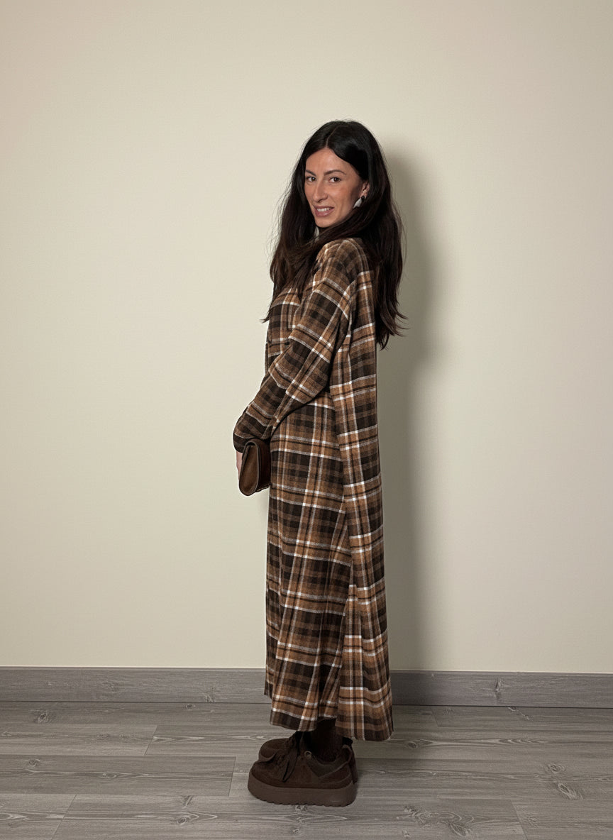 Abito maxi camicia Check tabacco e cioccolato