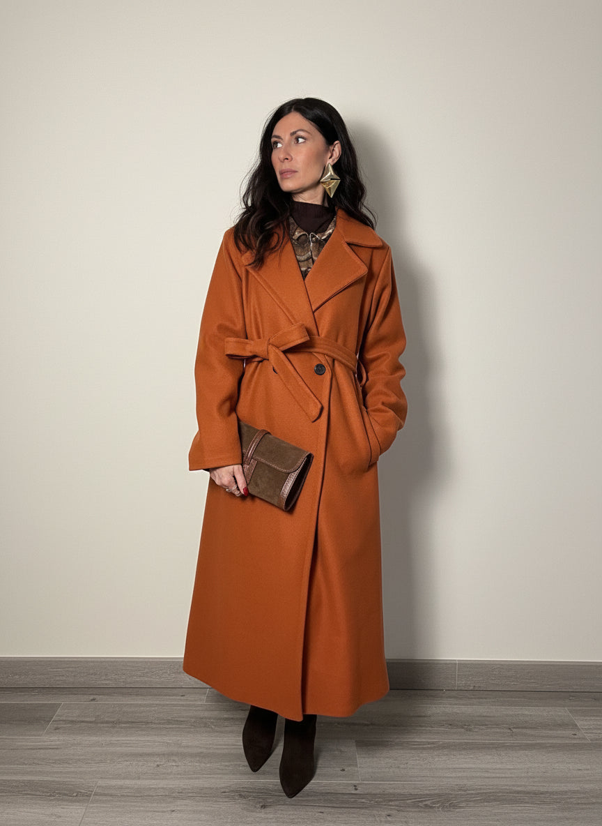 Cappotto lungo con cintura Sofia coccio