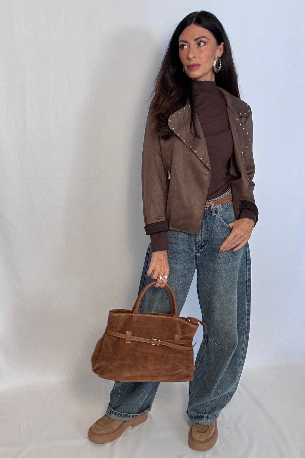 Borsa Pradina in vera pelle scamosciata Made in Italy tabacco