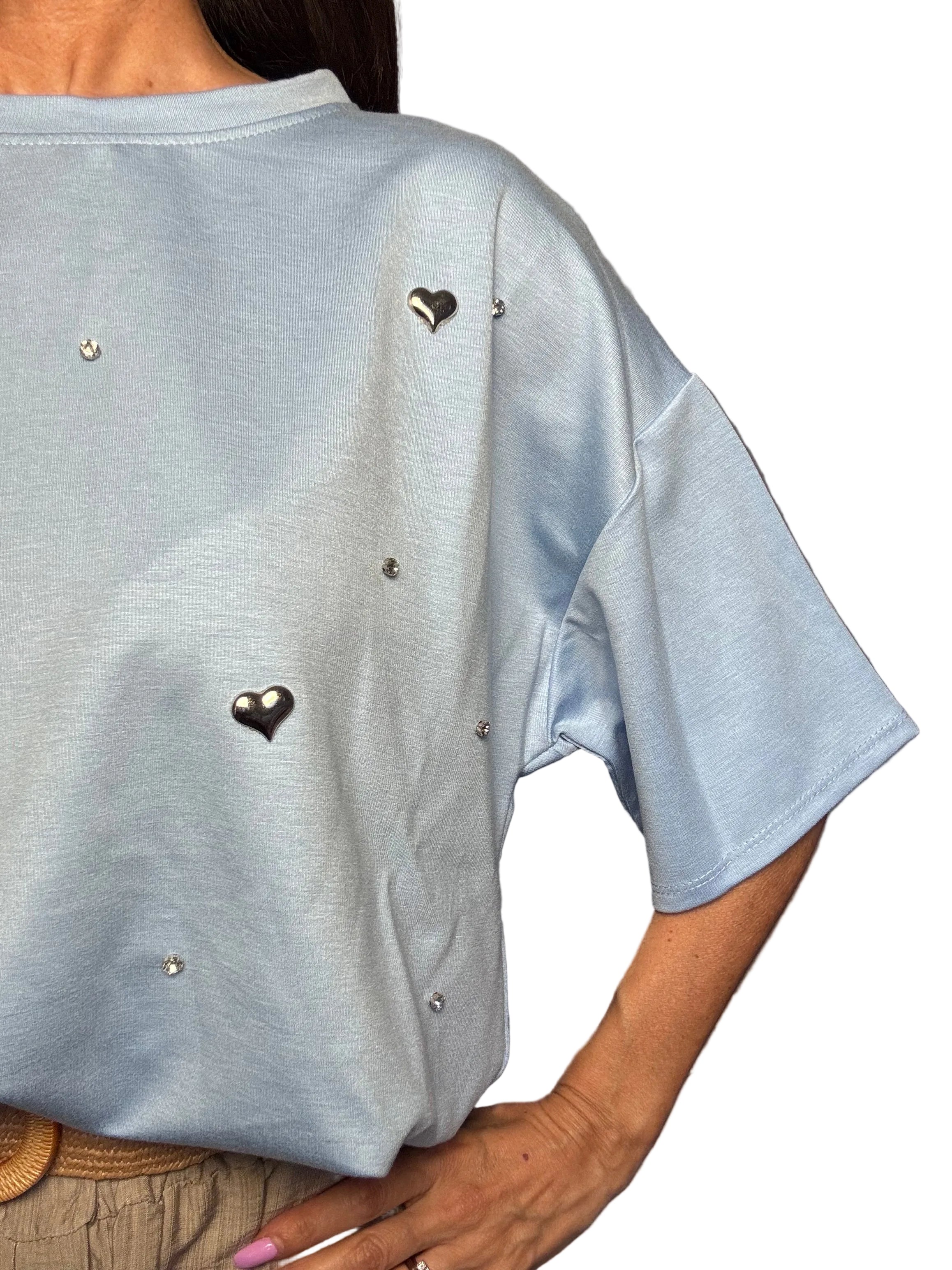 T-shirt maglia cuori e strass azzurra
