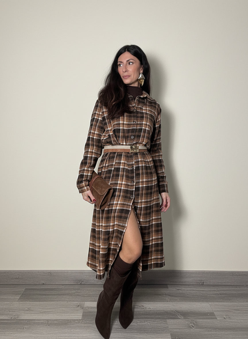Abito maxi camicia Check tabacco e cioccolato