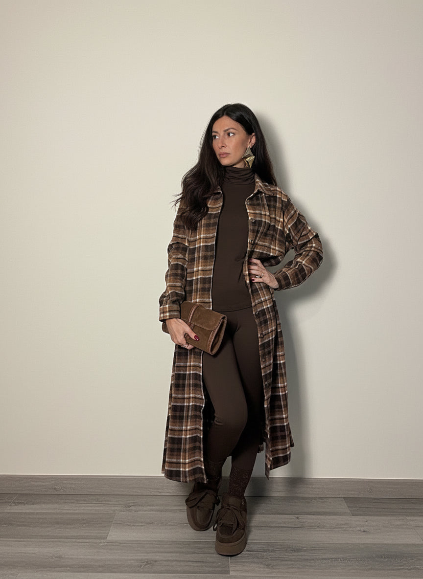 Abito maxi camicia Check tabacco e cioccolato
