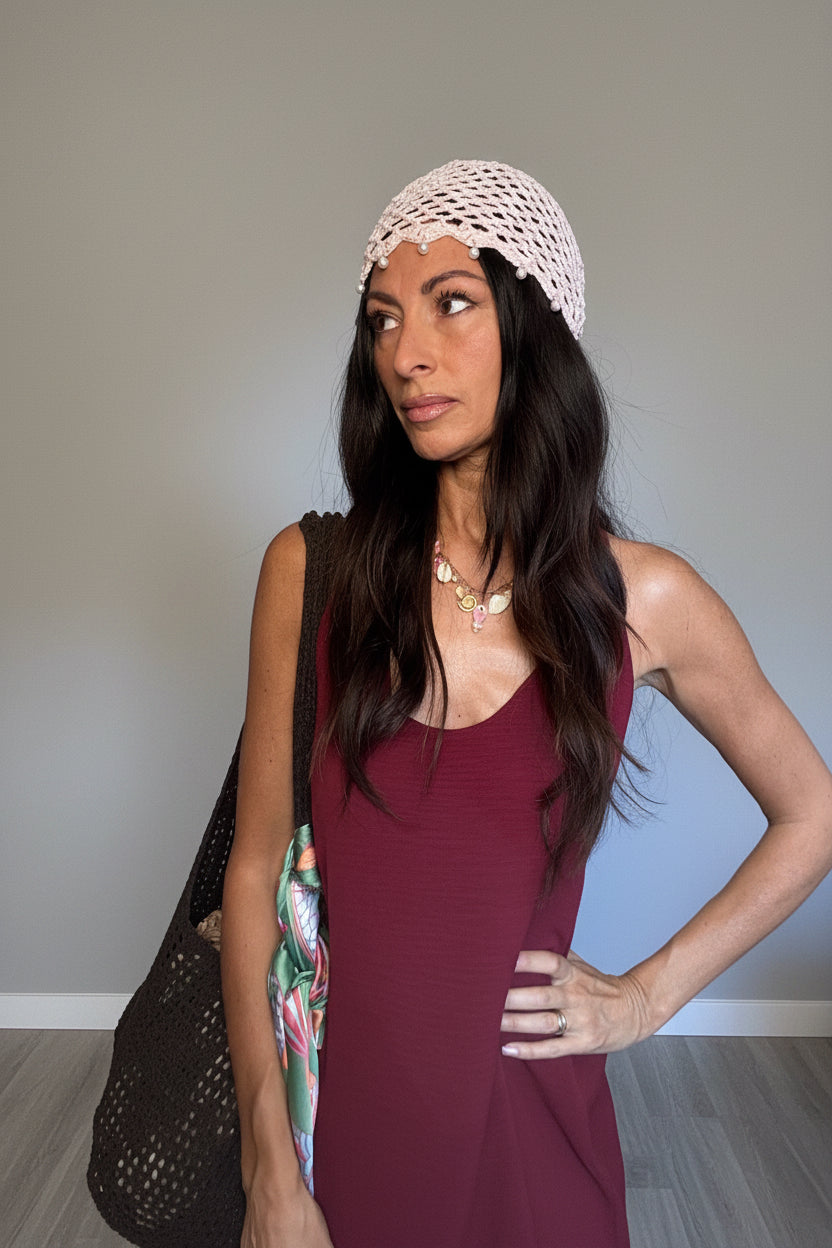 Cappellino con perline in puro cotone Crochet rosa
