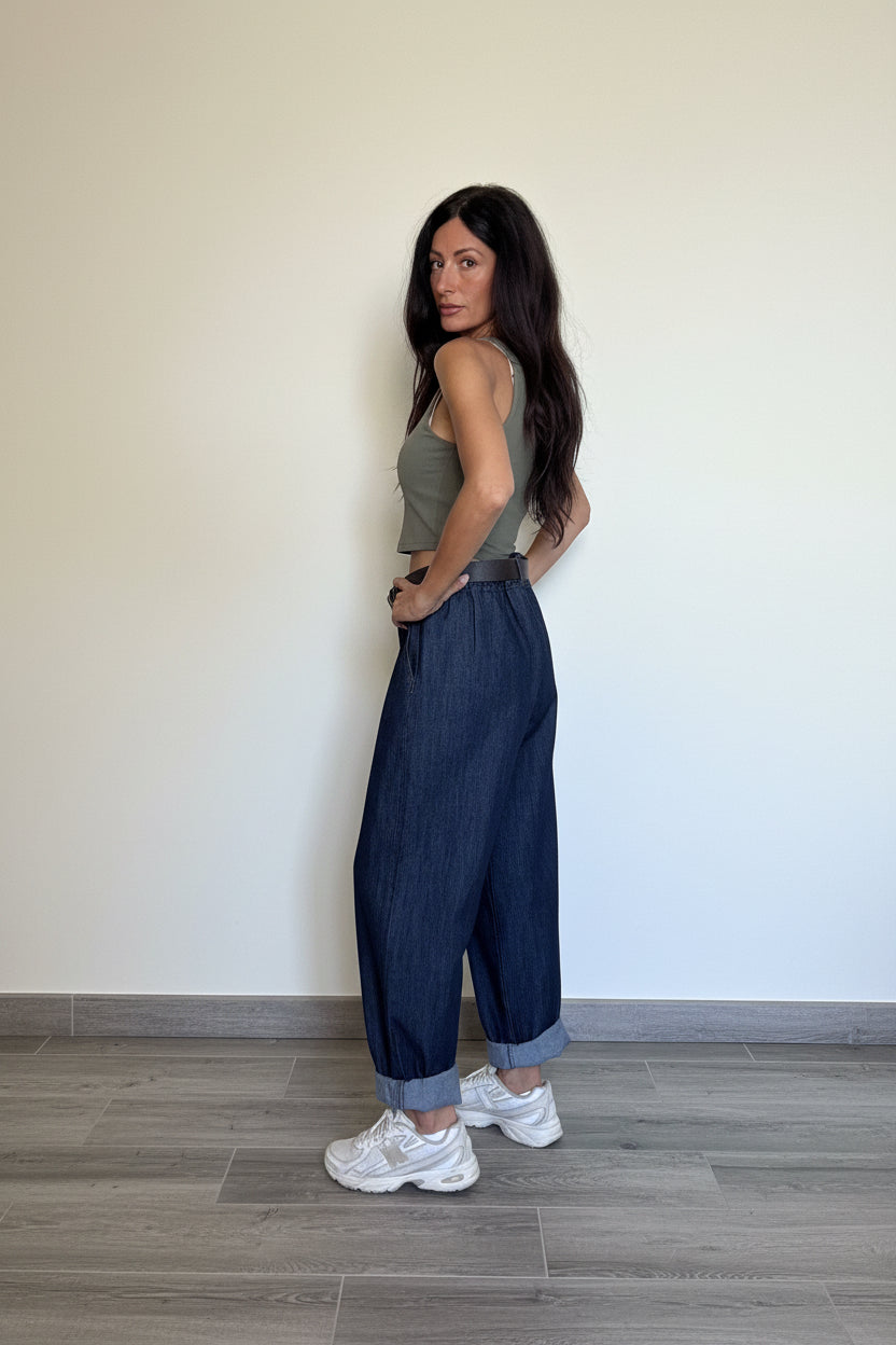 Pantaloni denim balloon Kim con cintura