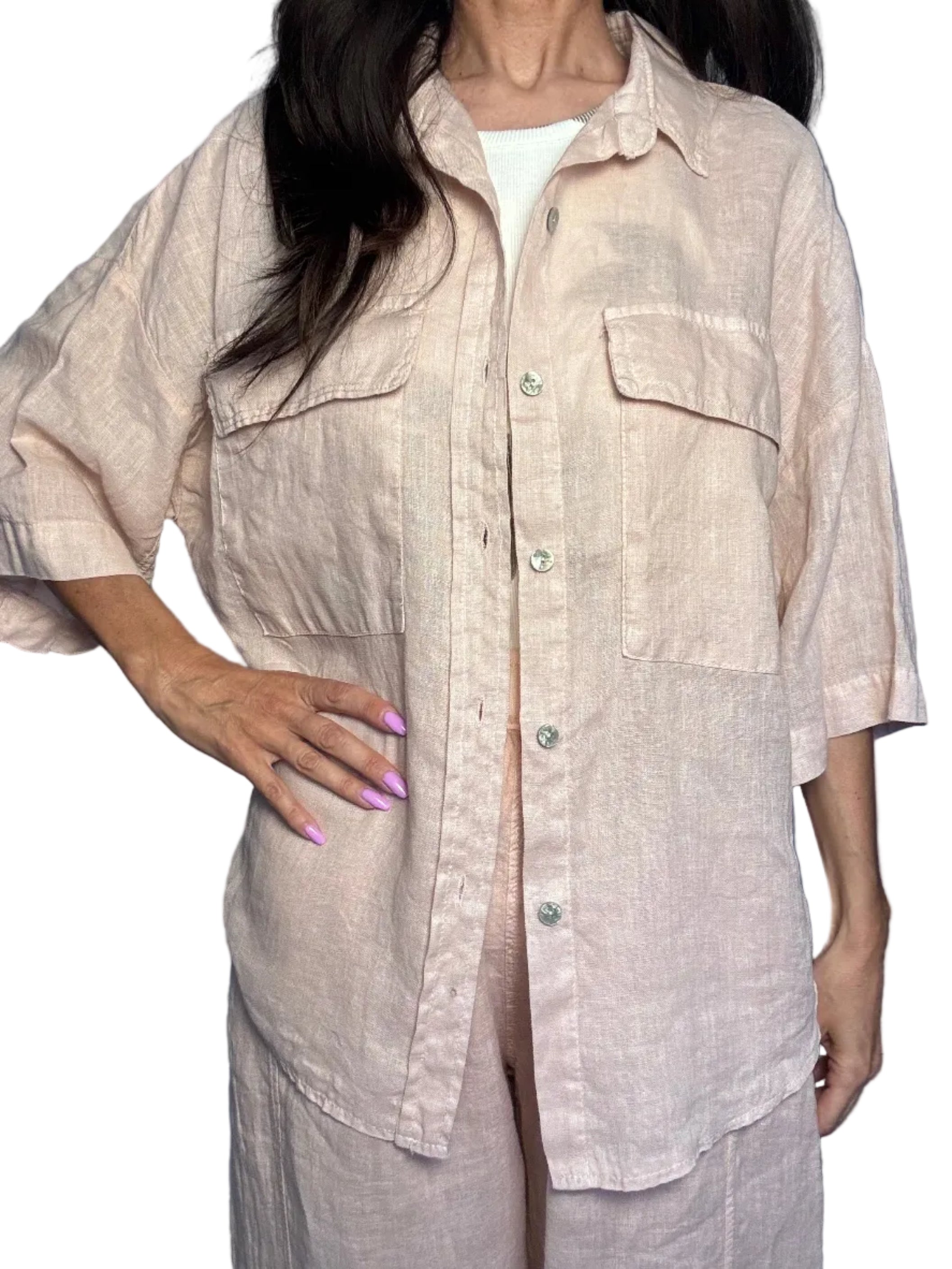 Camicia 100%lino Safari cipria