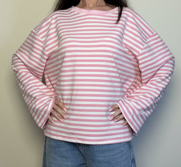 Maglia garzata Bandes rosa e bianco