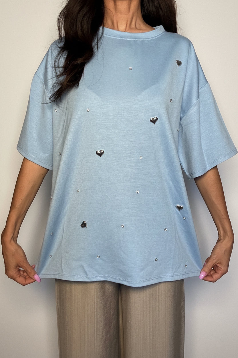 T-shirt maglia cuori e strass azzurra