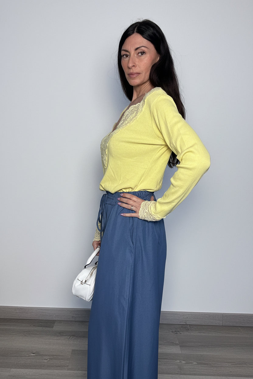 Maglia Bea a costine con dettagli in pizzo gialla