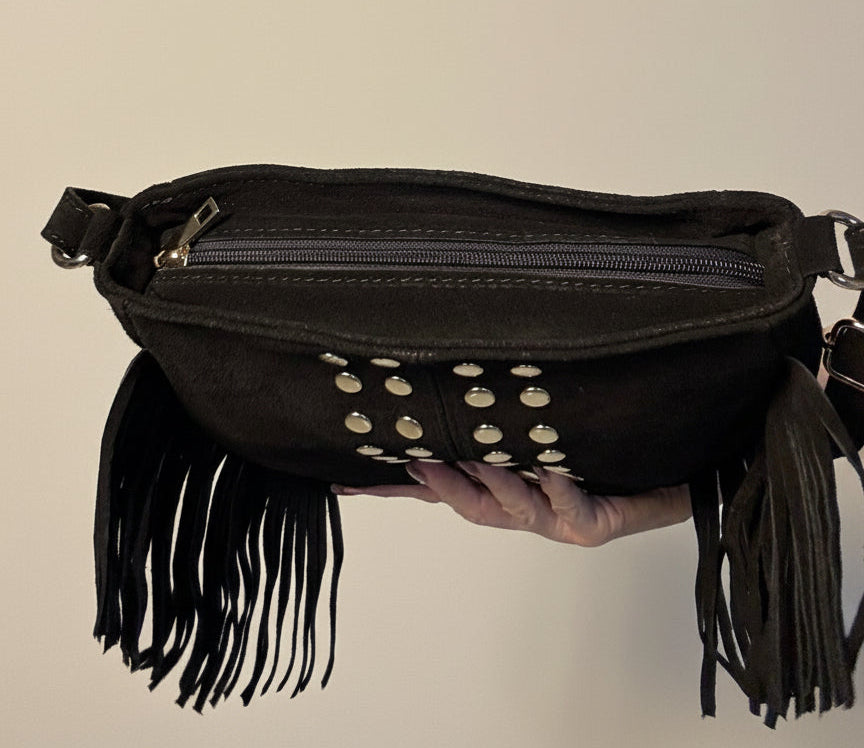 Borsa Rumi in vera pelle scamosciata con borchie nera