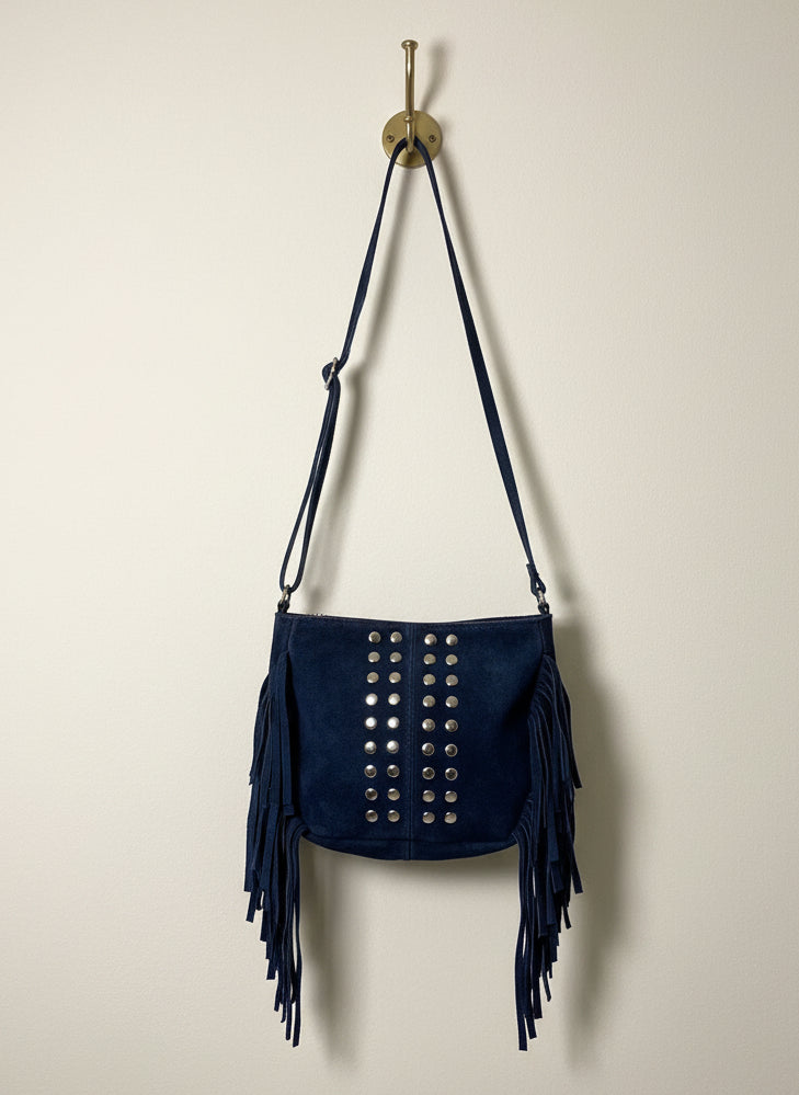 Borsa Rumi in vera pelle scamosciata con borchie blu