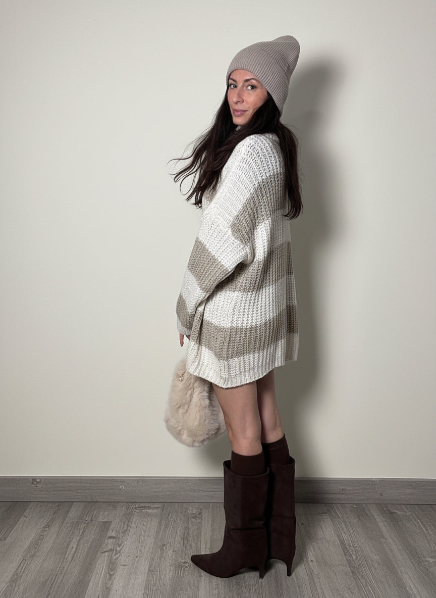 Maxi Pull Lily righe panna e sabbia