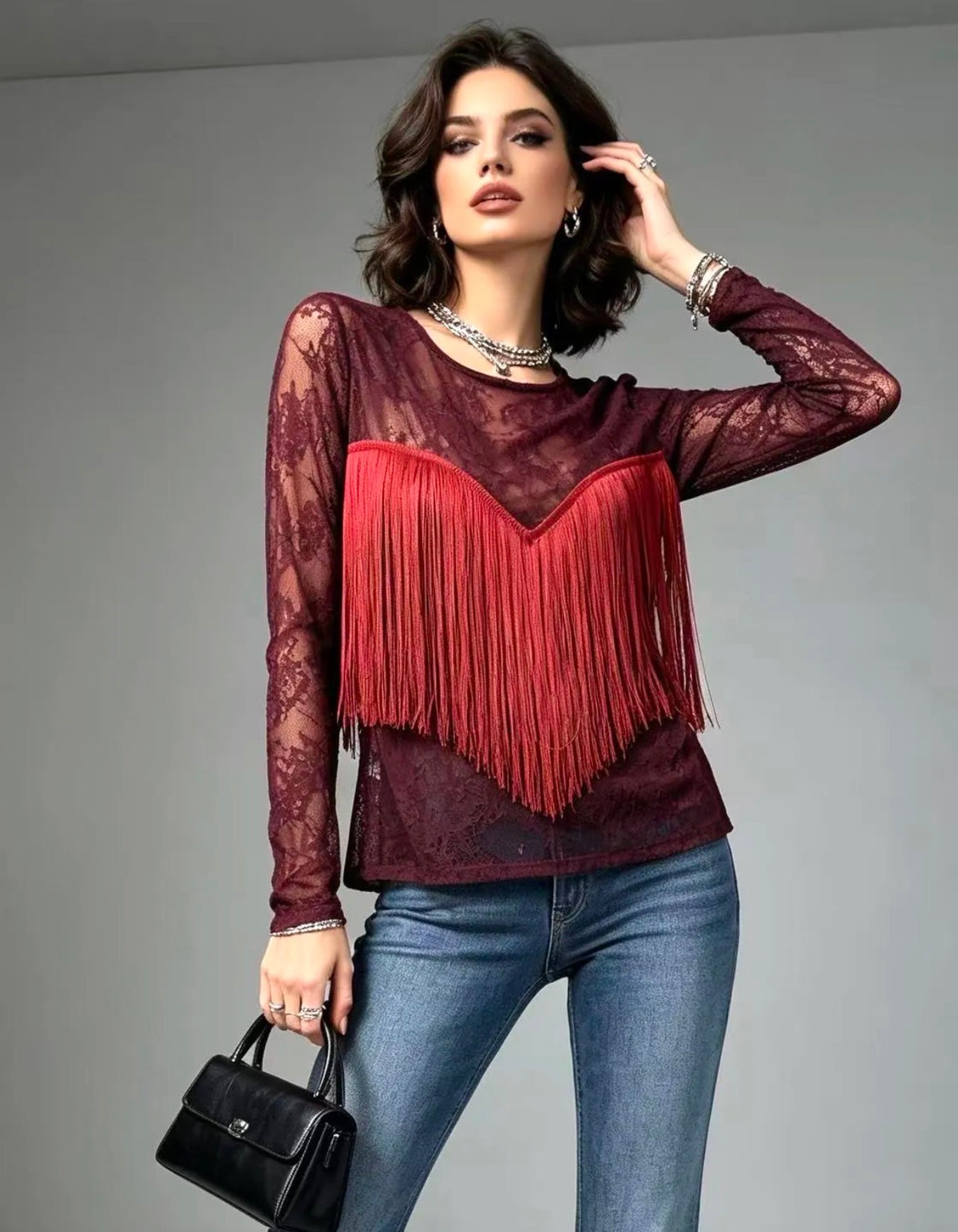 Maglia pizzo frange nera vino