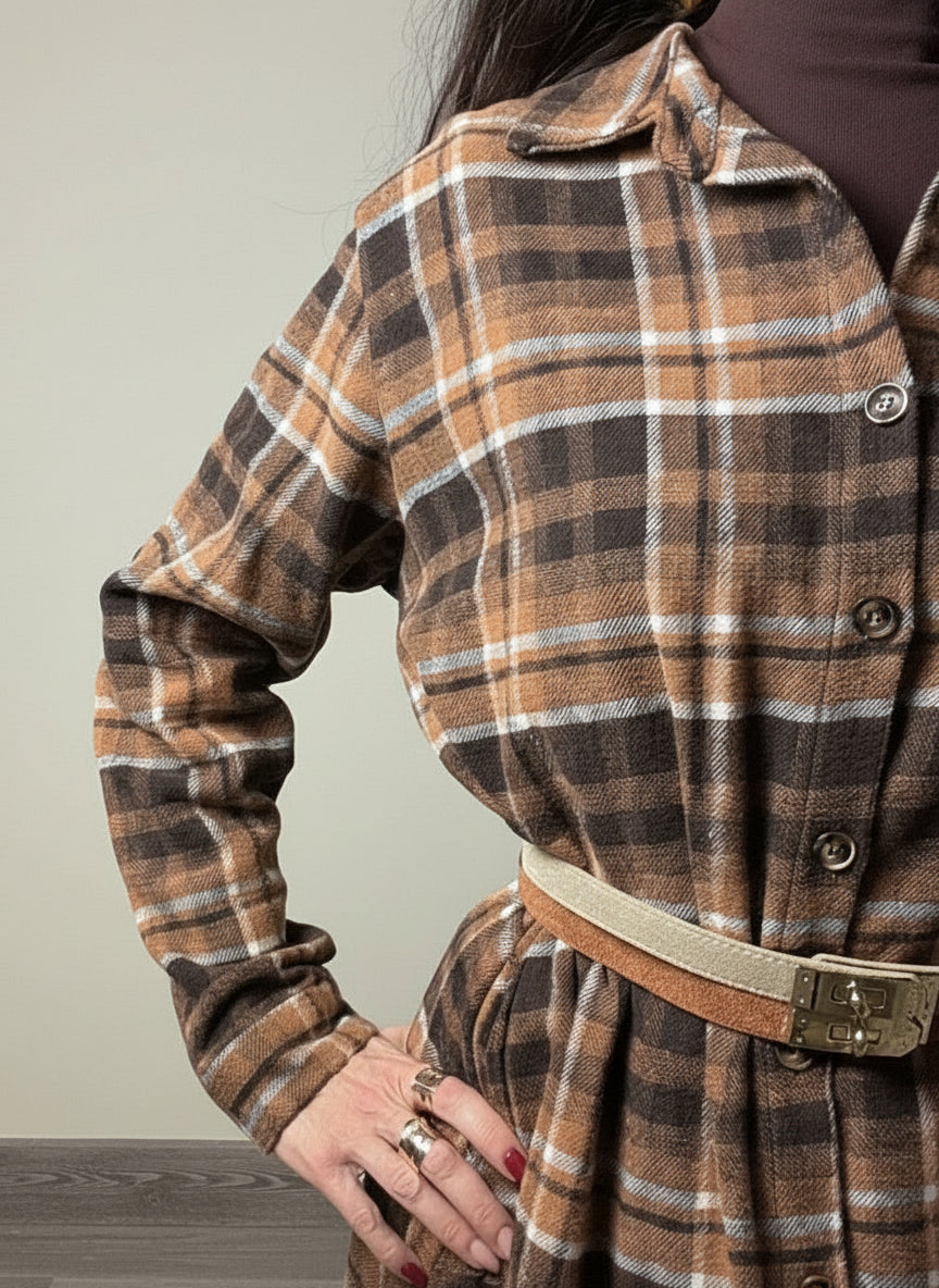 Abito maxi camicia Check tabacco e cioccolato