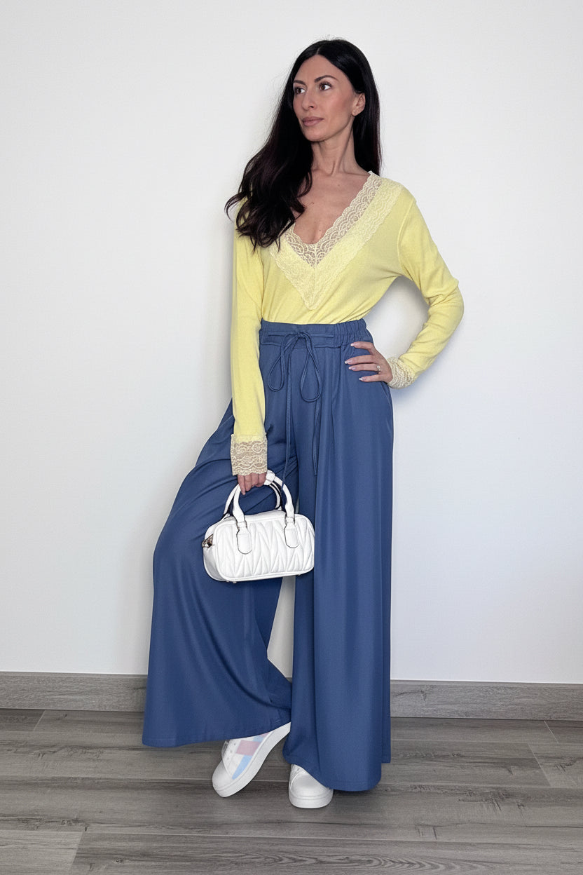 Maglia Bea a costine con dettagli in pizzo gialla