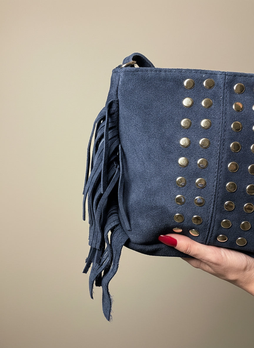 Borsa Rumi in vera pelle scamosciata con borchie blu