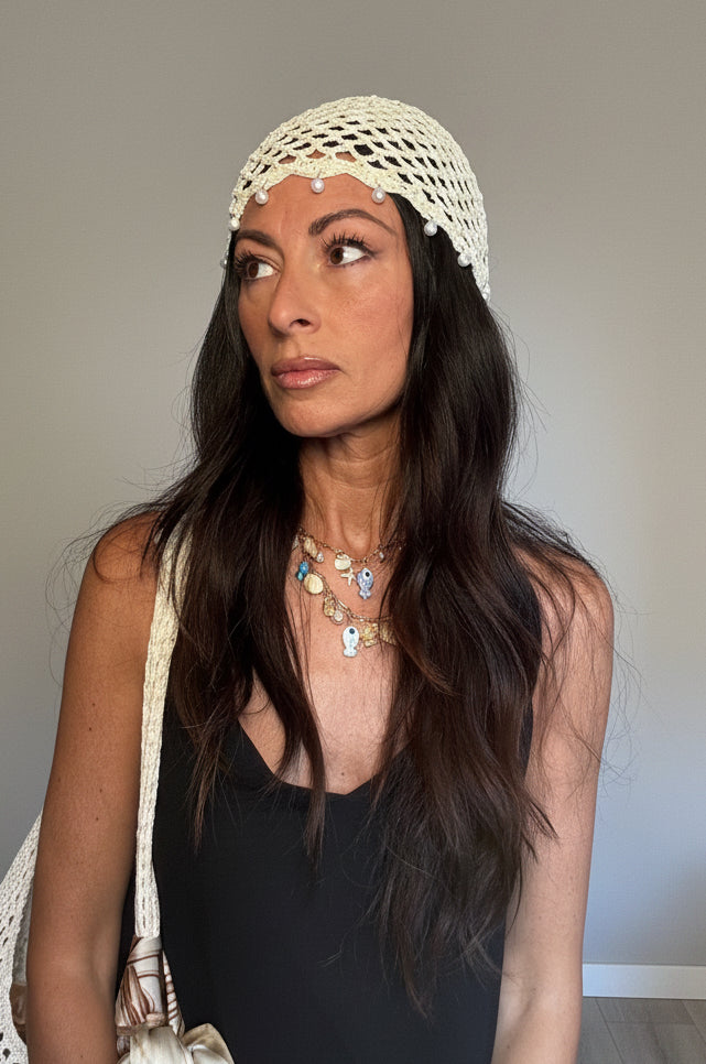Cappellino con perline in puro cotone Crochet beige