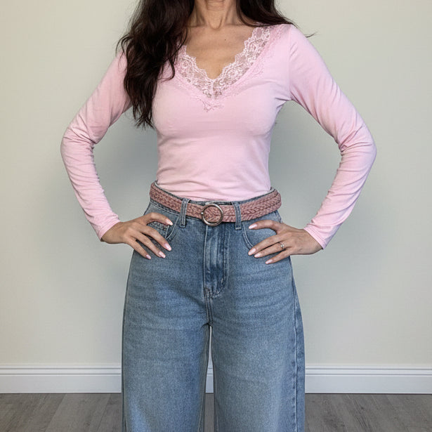 Body V in pizzo rosa