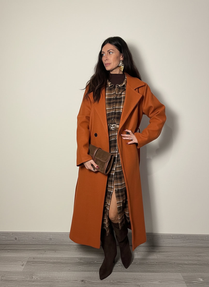 Abito maxi camicia Check tabacco e cioccolato