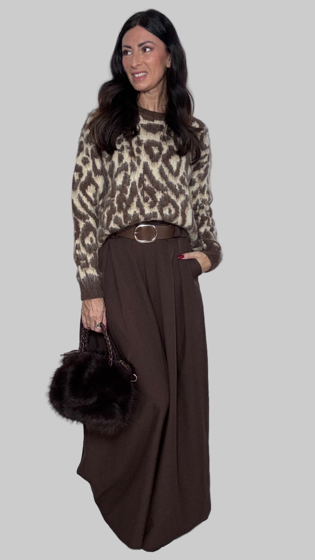 Pull animalier Dusty beige e cioccolato