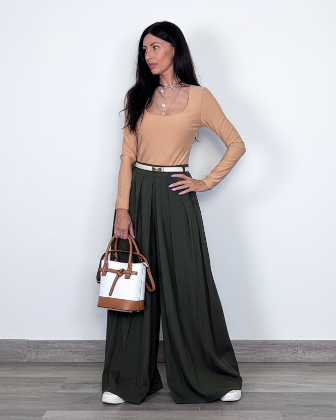 Pantalone Plissè maxi palazzo verde oliva